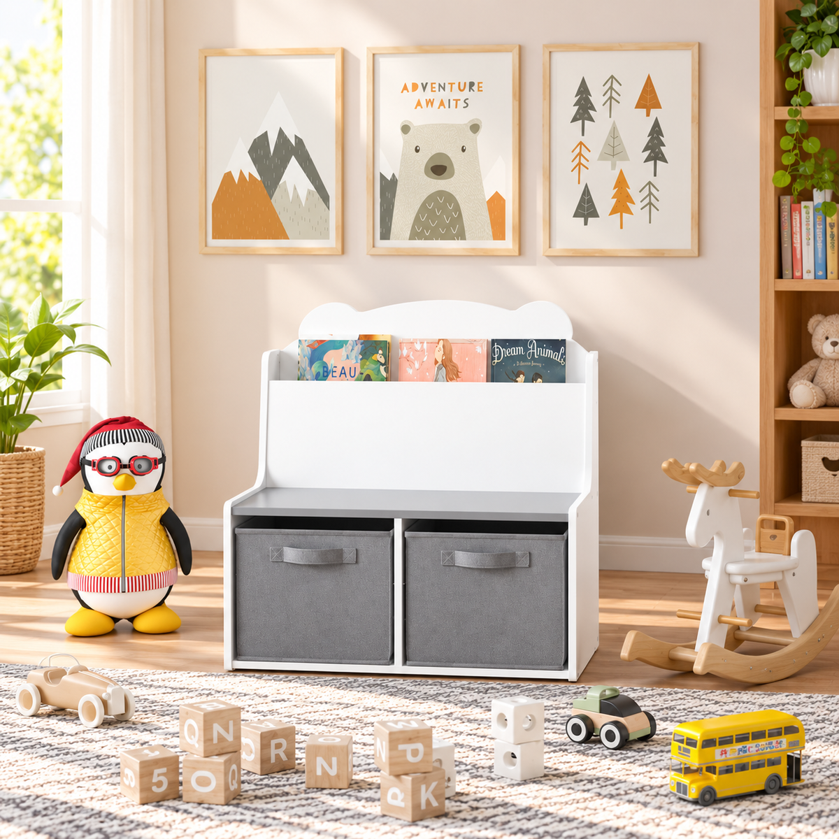 Kids Bookshelf with Storage Bins