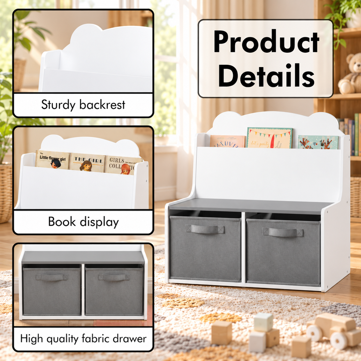 Kids Bookshelf with Storage Bins