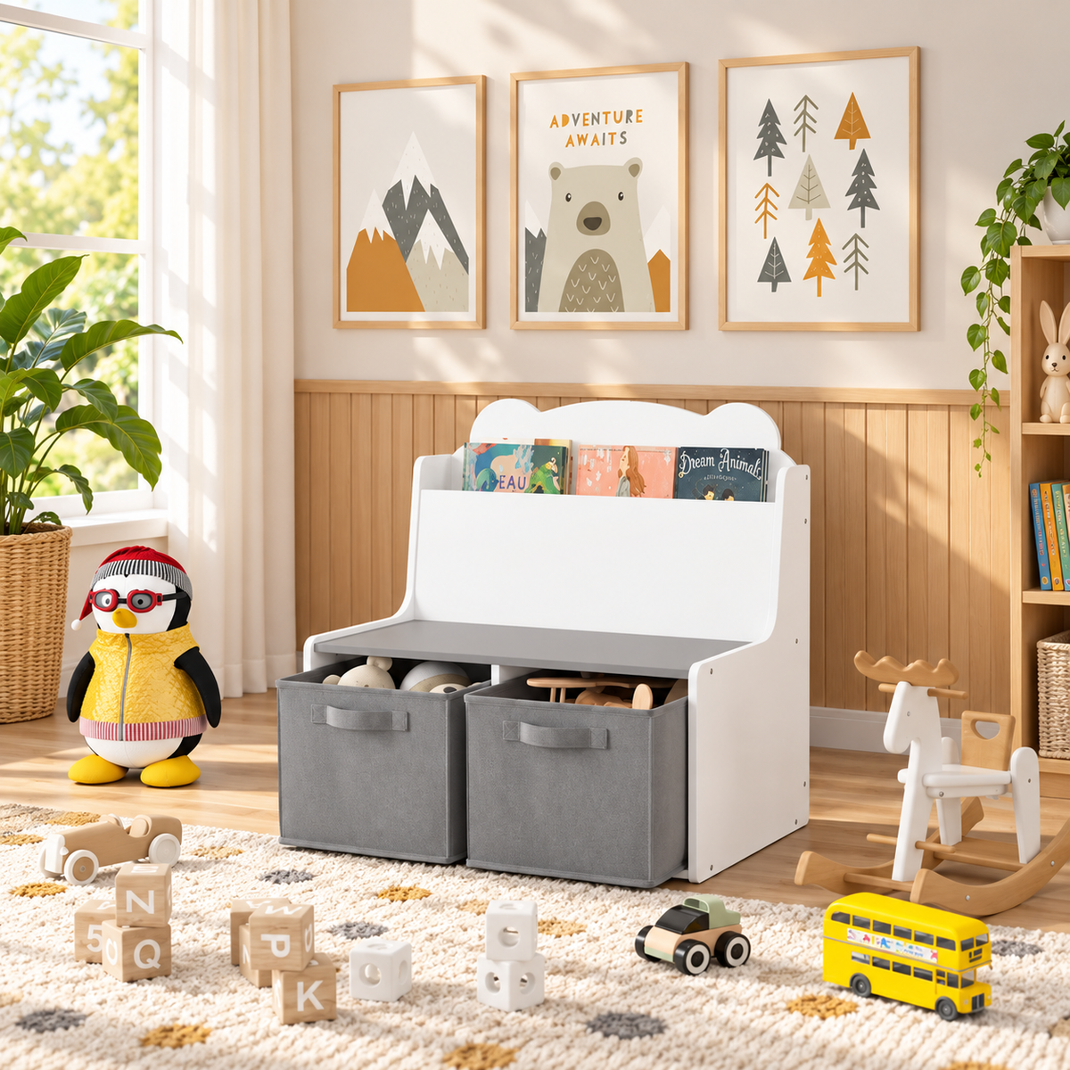 Kids Bookshelf with Storage Bins