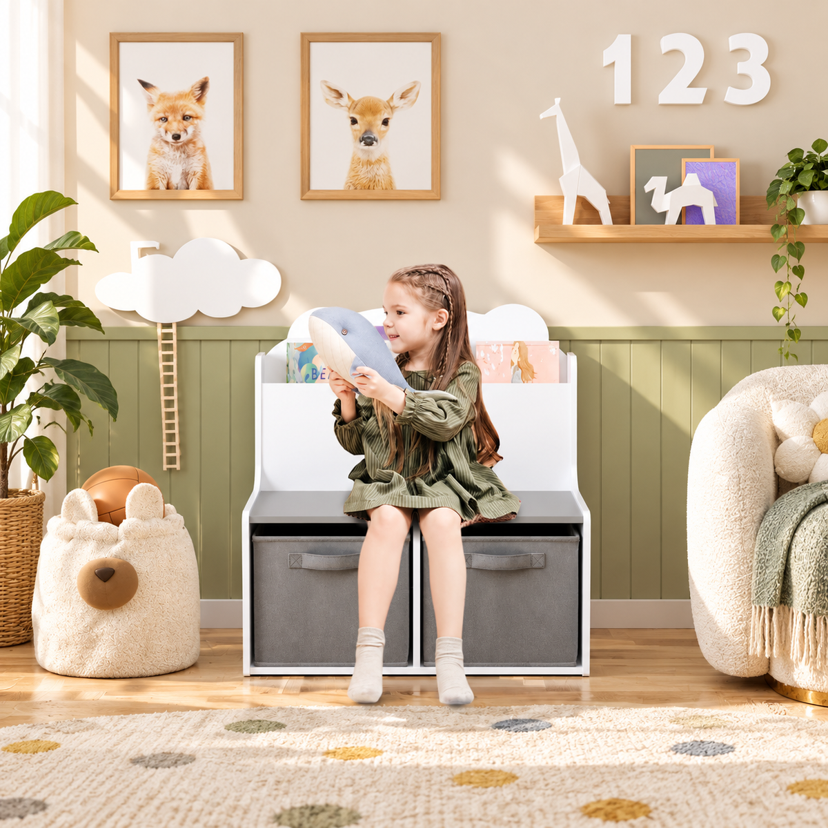 Kids Bookshelf with Storage Bins